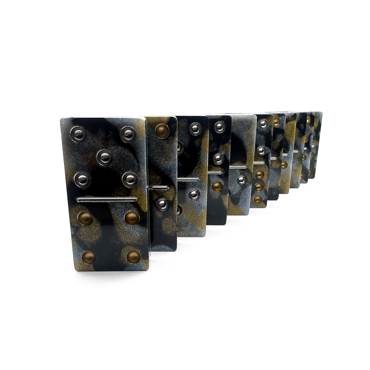 Pyrite domino set and Millennium Vault case, angled view — Millennium Casts